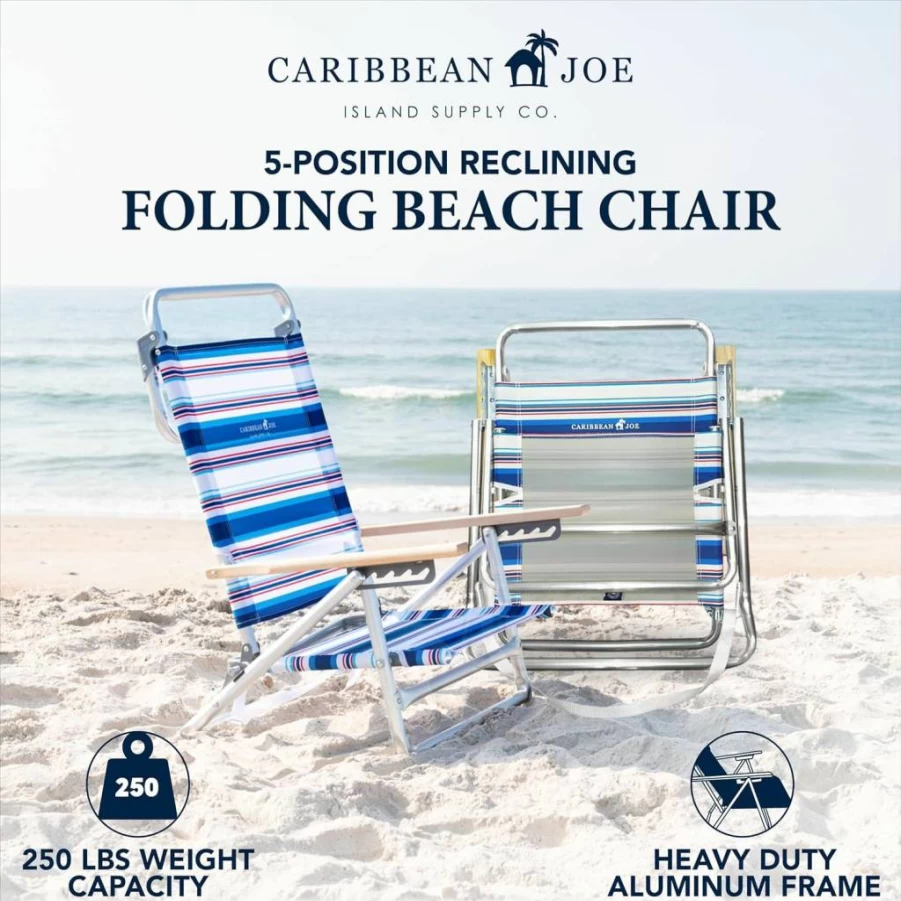 CARIBBEAN JOE 5-Position Folding Beach Chair - Lightweight Portable Recliner with Wooden Armrests & Carry Strap for Outdoor Camping, Travel, and Relaxation