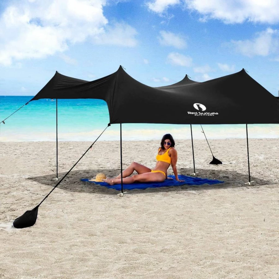 Red Suricata Beach Tent Canopy with Sand-Free Mat & 2 Cup Holders - UPF50 UV Sun Shelter for Family (Medium, Black)