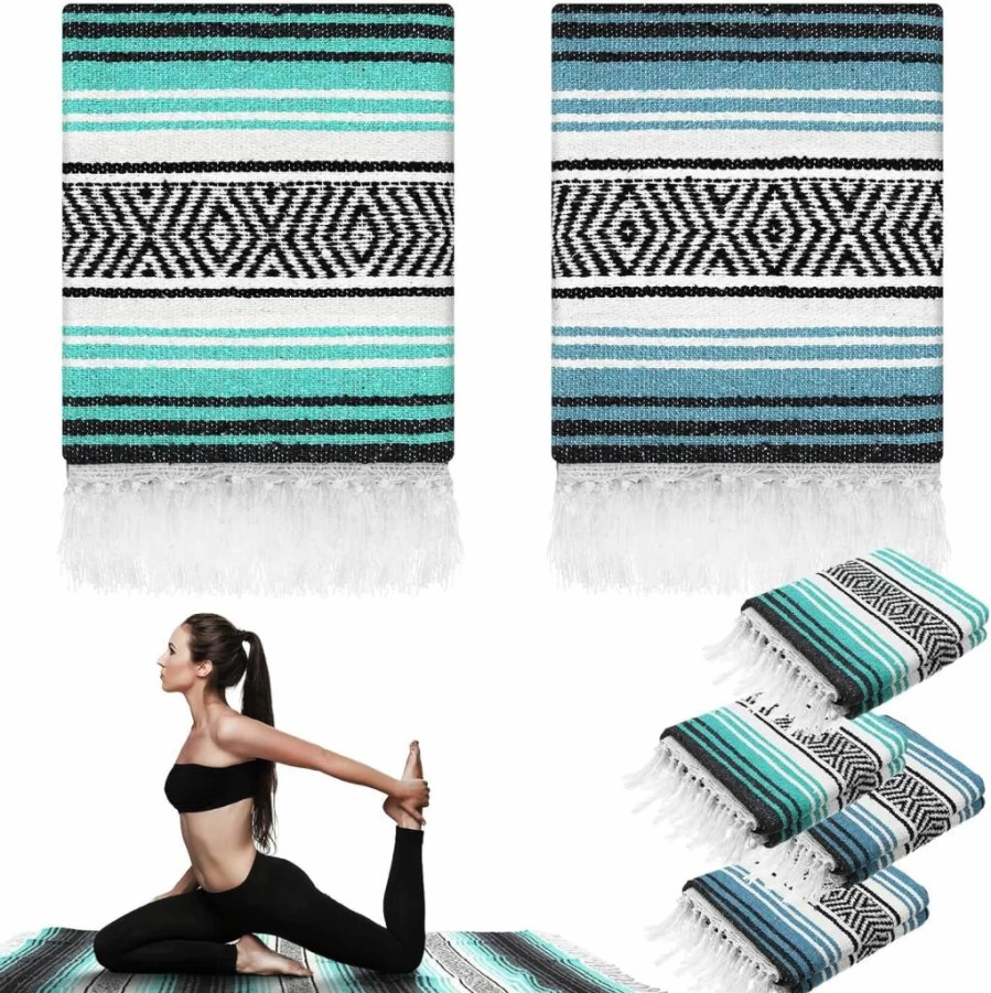 Preboun 4-Pack Large Woven Mexican Blankets – 45x70 Inch Thick Yoga, Camping, Picnic, Beach, Travel Throw for Outdoor and Patio Use