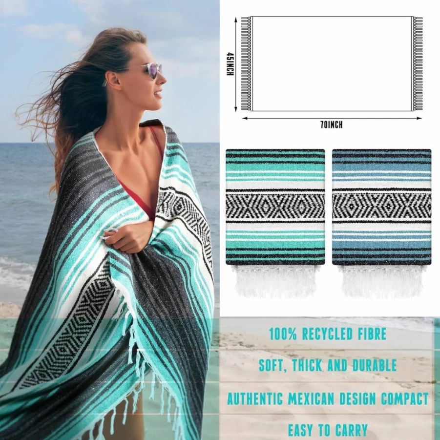 Preboun 4-Pack Large Woven Mexican Blankets – 45x70 Inch Thick Yoga, Camping, Picnic, Beach, Travel Throw for Outdoor and Patio Use