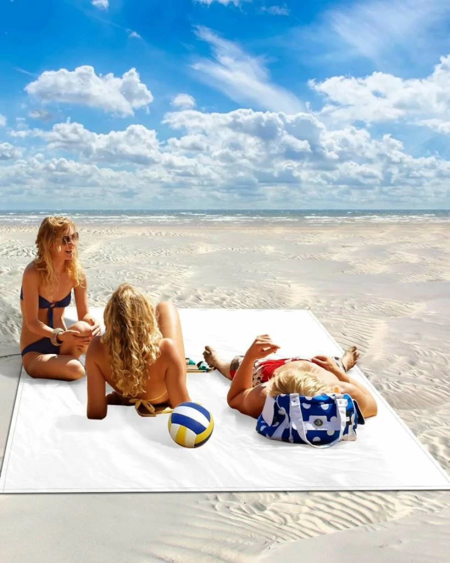 Gsypo Oversized Waterproof Sandproof Beach Blanket 118"x108" with Sand Pockets & Stakes, Portable White Picnic Mat for Camping, Travel, Festivals, Outdoor Activities