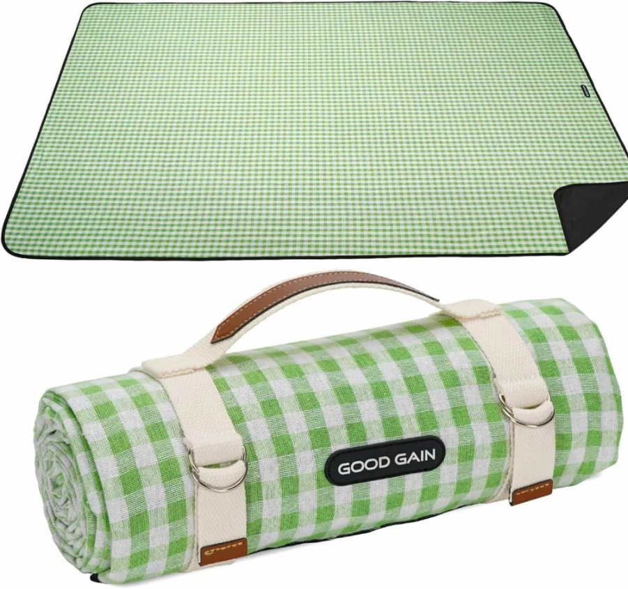 G GOOD GAIN Waterproof Picnic Blanket - Extra Large Sand-Free Outdoor Beach Mat, Portable Camping & Park Blanket for Travel, Hiking, Concerts, Grass (Grey Check) - Foldable with Carry Strap
