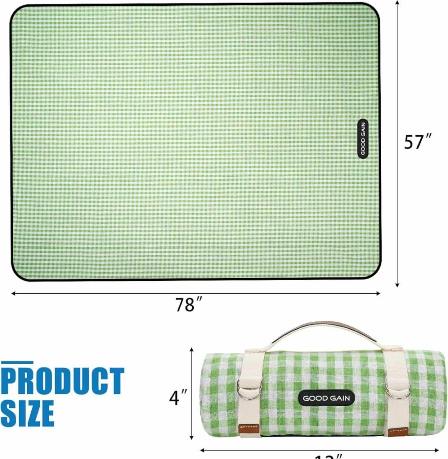 G GOOD GAIN Waterproof Picnic Blanket - Extra Large Sand-Free Outdoor Beach Mat, Portable Camping & Park Blanket for Travel, Hiking, Concerts, Grass (Grey Check) - Foldable with Carry Strap