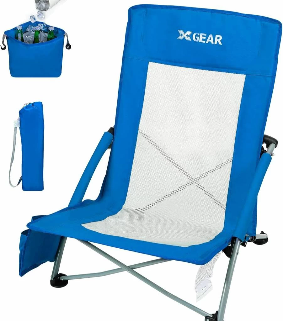 XGEAR Heavy Duty Folding Beach Chair with Removable Cooler Bag - 350 lbs Capacity, Mesh Back Support for Camping, Lawn, Travel & Outdoor Activities