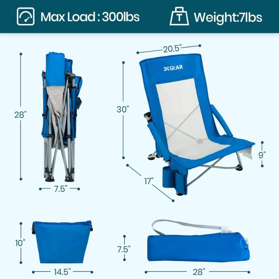 XGEAR Heavy Duty Folding Beach Chair with Removable Cooler Bag - 350 lbs Capacity, Mesh Back Support for Camping, Lawn, Travel & Outdoor Activities
