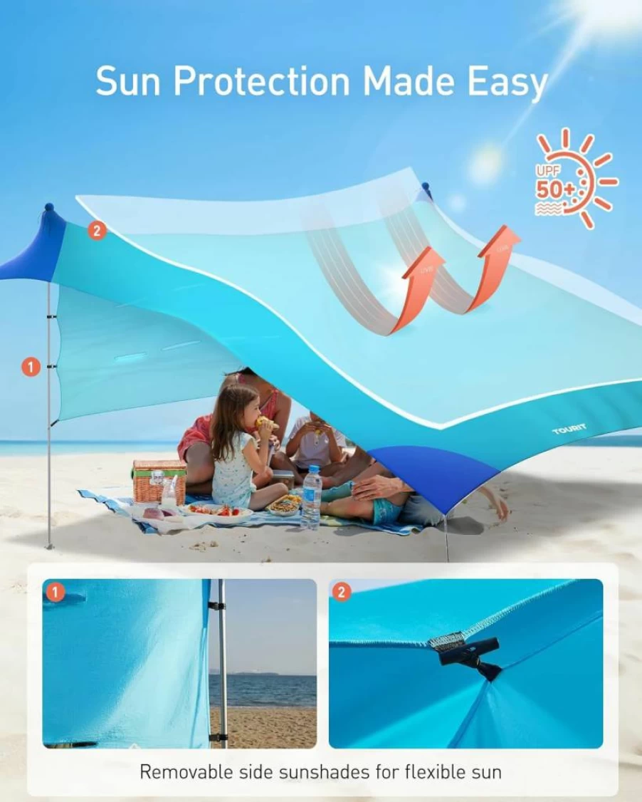 TOURIT 11x11FT Beach Tent with UPF50+ Sun Protection, Windproof Design for Camping, Fishing, Backyard - Portable Sun Shelter Canopy, Green