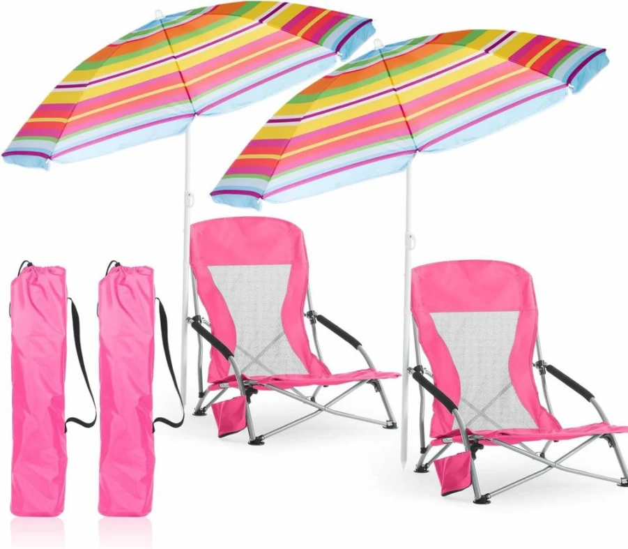 Huwena 2 Pack Lightweight Folding Beach Chairs with Umbrella, Adjustable Detachable Design, Armrests & Cup Holder, Carry Bag Included for Travel, Camping, Pool (Rose Red)