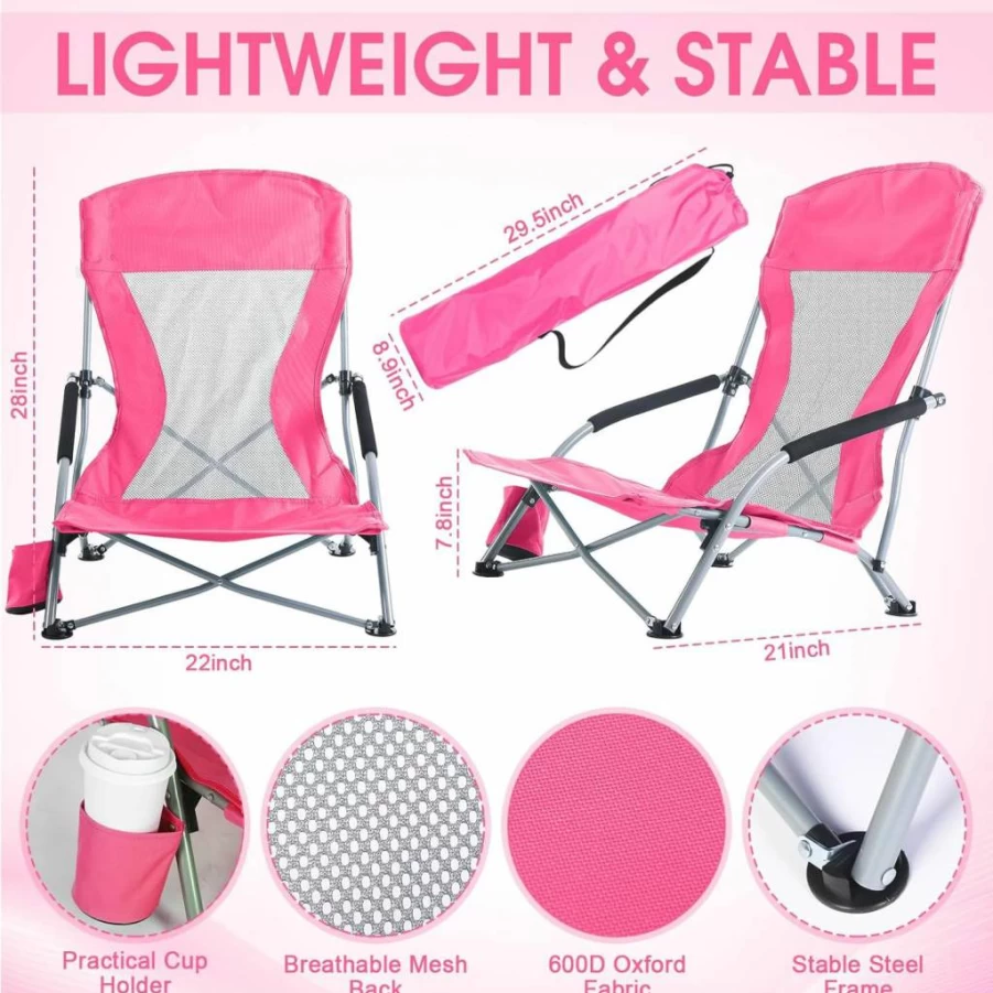 Huwena 2 Pack Lightweight Folding Beach Chairs with Umbrella, Adjustable Detachable Design, Armrests & Cup Holder, Carry Bag Included for Travel, Camping, Pool (Rose Red)