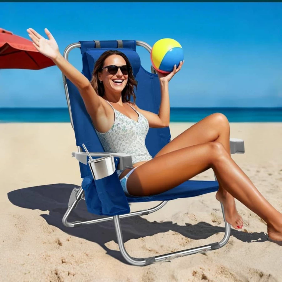 PASAMIC 5-Position Adjustable Aluminum Beach Chair with Cooler Pouch, Backpack Straps, Towel Bar, Cup & Phone Holder - Lightweight Portable Folding Lounge Chair for Adults, Multicolor Stripe Design