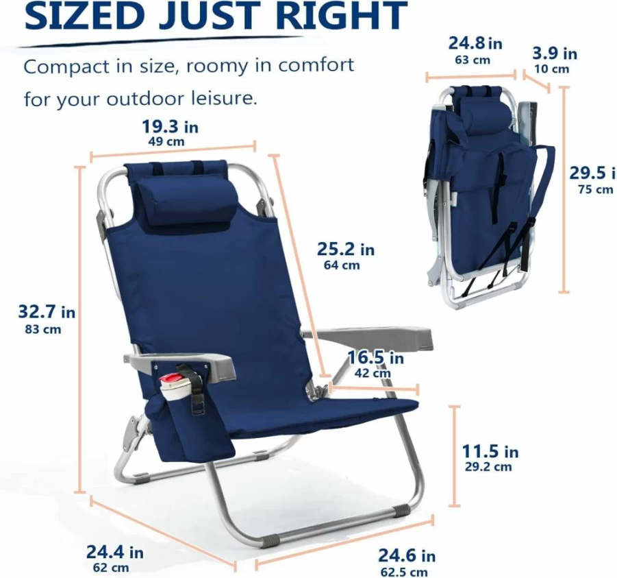 PASAMIC 5-Position Adjustable Aluminum Beach Chair with Cooler Pouch, Backpack Straps, Towel Bar, Cup & Phone Holder - Lightweight Portable Folding Lounge Chair for Adults, Multicolor Stripe Design