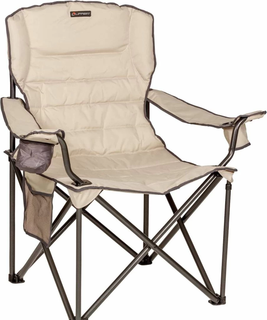 Lippert Components Campfire Deluxe Folding Chair - Heavy Duty 500lb Capacity, High-Loft Cushion, Dual Cup Holders, 600D Polyester Fabric, Powder Coated Steel Frame, Sand Color, Ideal for Outdoor Camping