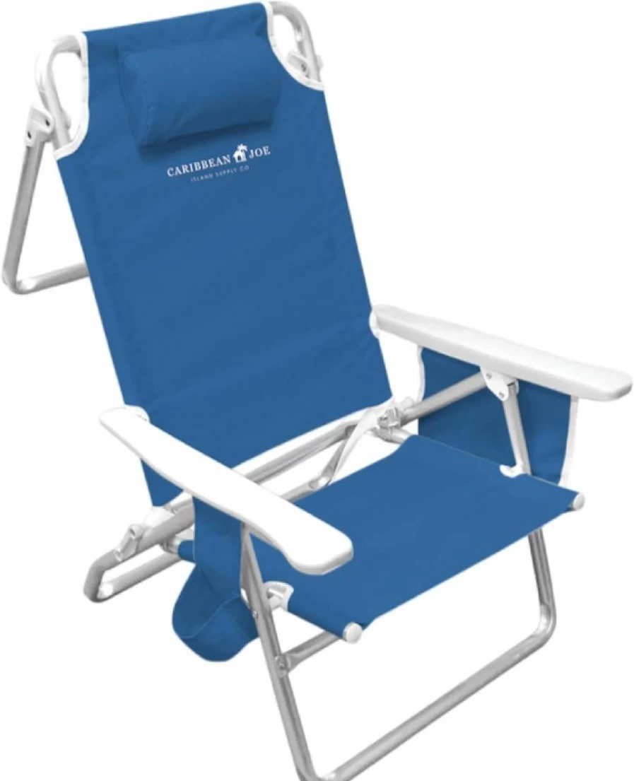 CARIBBEAN JOE 5-Position Lightweight Folding Beach Chair with Headrest, Adjustable Recliner, Shoulder Strap & Cup Holder for Outdoor, Camping, Travel - Portable Stripe Design
