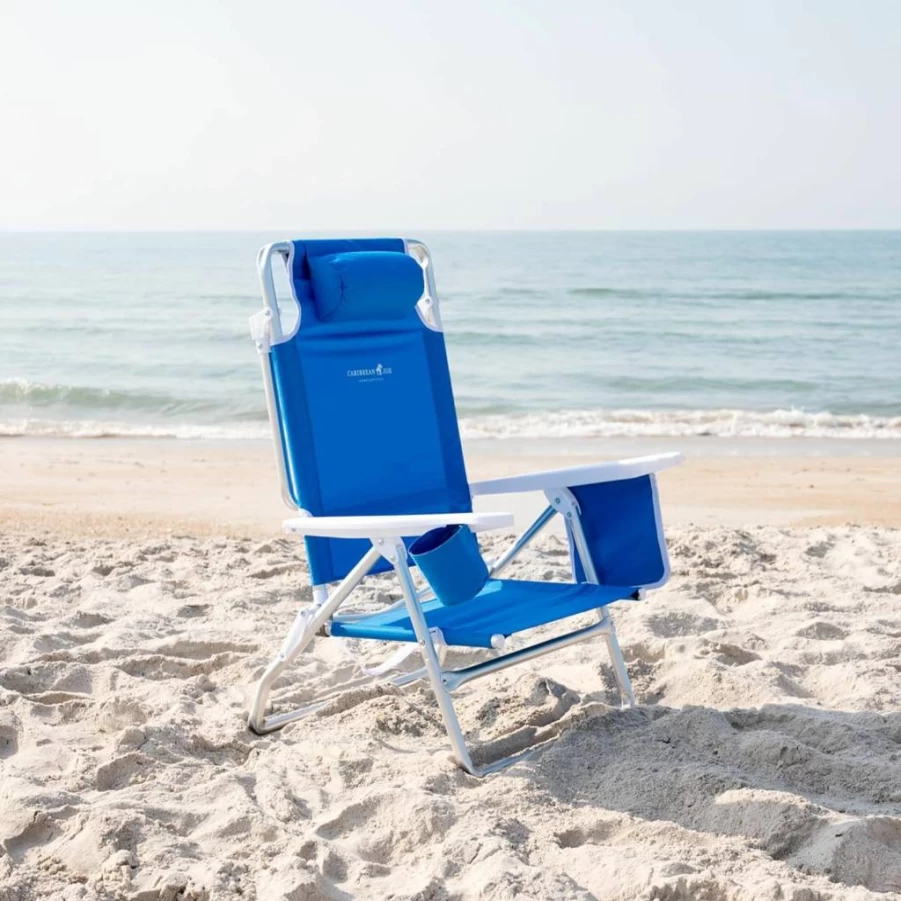 CARIBBEAN JOE 5-Position Lightweight Folding Beach Chair with Headrest, Adjustable Recliner, Shoulder Strap & Cup Holder for Outdoor, Camping, Travel - Portable Stripe Design