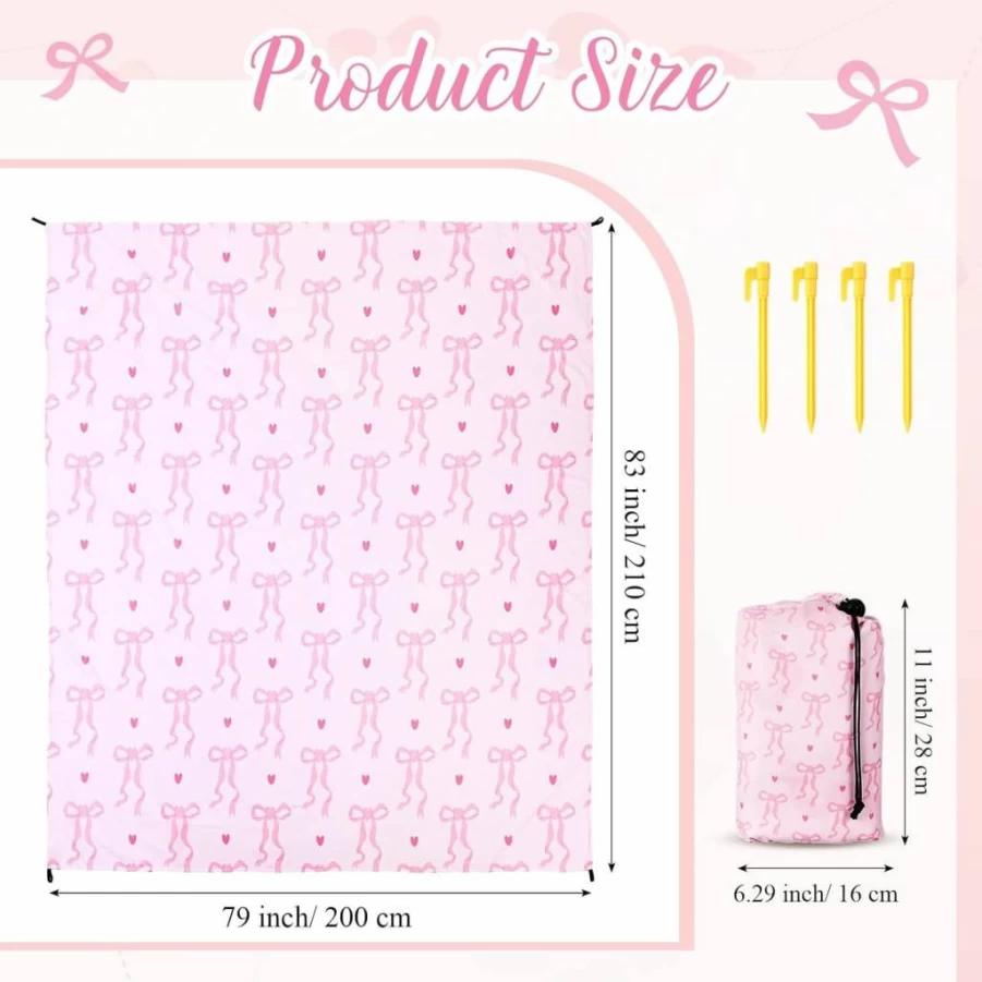 Breling Pink Bow Beach Blanket - 79"x83" Oversized Waterproof Picnic Mat for 4-7 Adults, Lightweight Sandproof Blanket with Stakes & Pockets for Camping, Hiking, Beach Vacations
