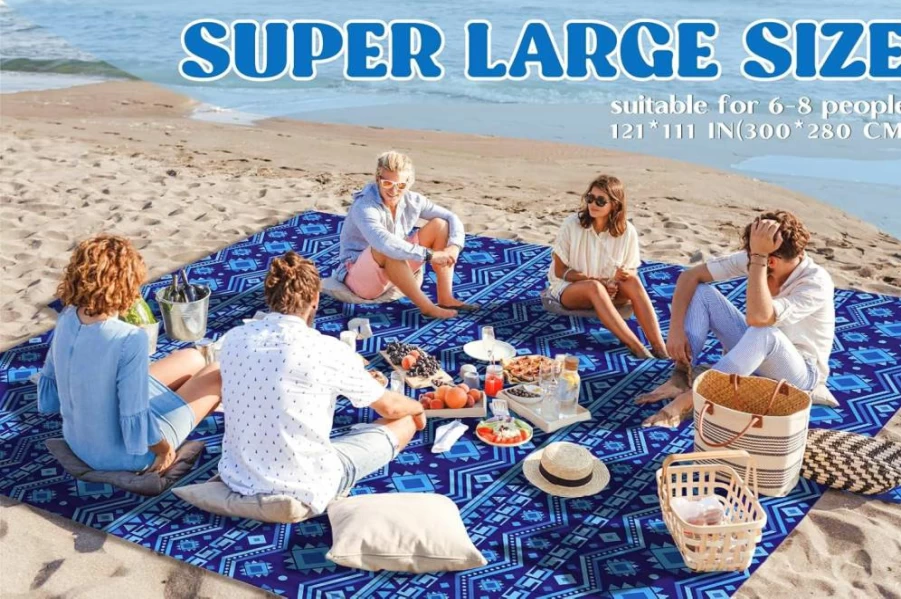Awufncksn Extra Large Beach Blanket 111x121 Inch - Sandproof, Waterproof, Windproof Durable Sand-Free Mat for Outdoor Picnics
