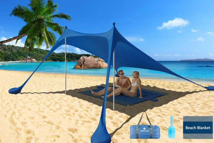FERSTALO Pop Up Beach Tent Sun Shelter - UPF50+ 7.9x7.9 Ft Portable Windproof Sun Shade with Beach Blanket, 2 Stability Poles, Carry Bag & Sand Shovel for Camping, Fishing, Picnics, Backyard