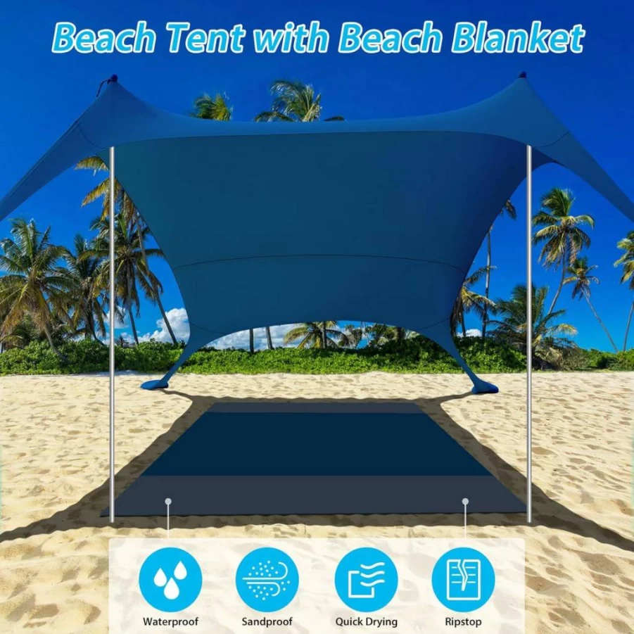 FERSTALO Pop Up Beach Tent Sun Shelter - UPF50+ 7.9x7.9 Ft Portable Windproof Sun Shade with Beach Blanket, 2 Stability Poles, Carry Bag & Sand Shovel for Camping, Fishing, Picnics, Backyard