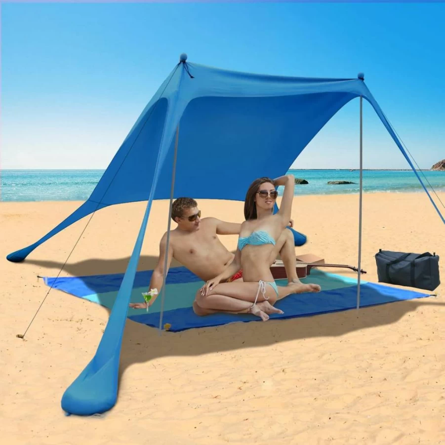 UNIMEIX Pop Up Beach Canopy Sun Shelter with UPF 50+ Protection, Portable 2-Pole Design Includes Sand Anchor Blanket & Carry Bag for Beach, Camping, Fishing, Backyard