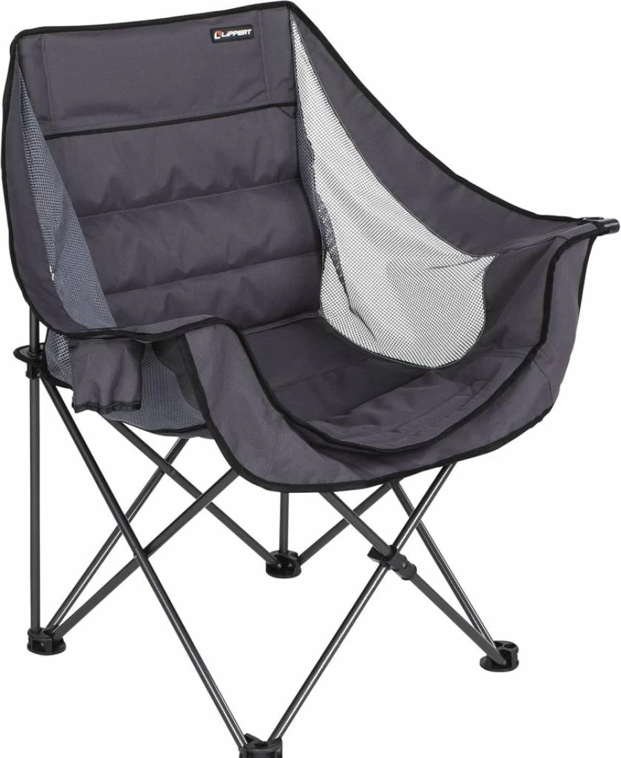 Lippert Components Double-Wide Padded Camping Chair with Carry Bag - Heavy Duty Portable Outdoor Recliner for Camping, Beach, and Backyard, Dark Grey (Model 2021000208)