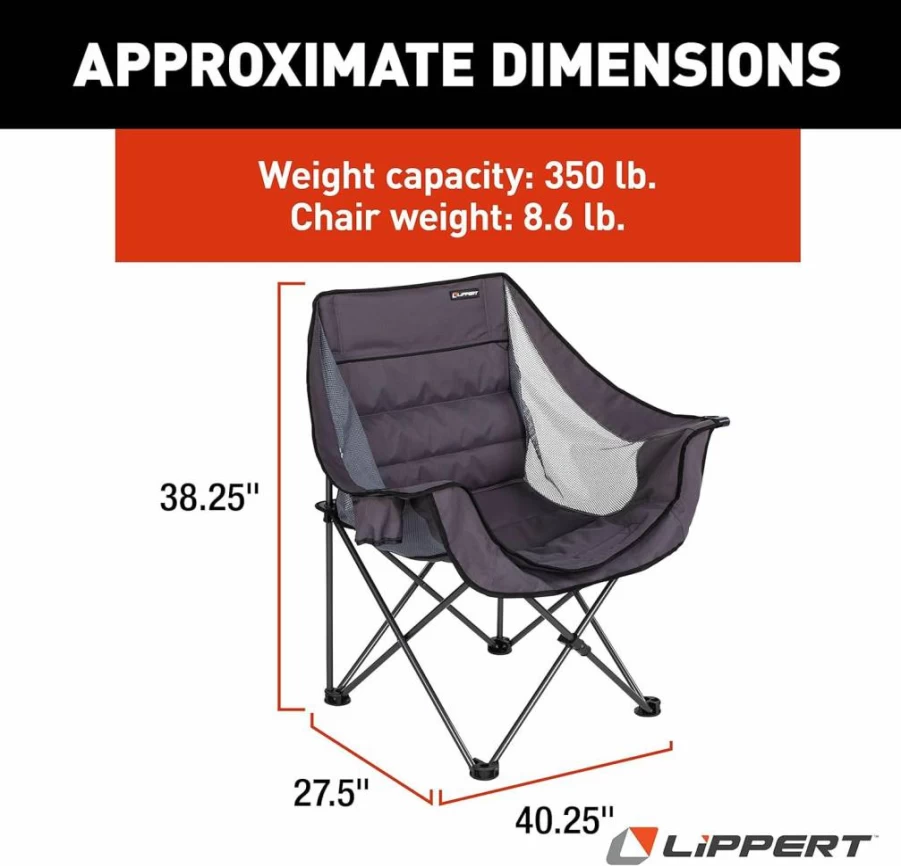 Lippert Components Double-Wide Padded Camping Chair with Carry Bag - Heavy Duty Portable Outdoor Recliner for Camping, Beach, and Backyard, Dark Grey (Model 2021000208)