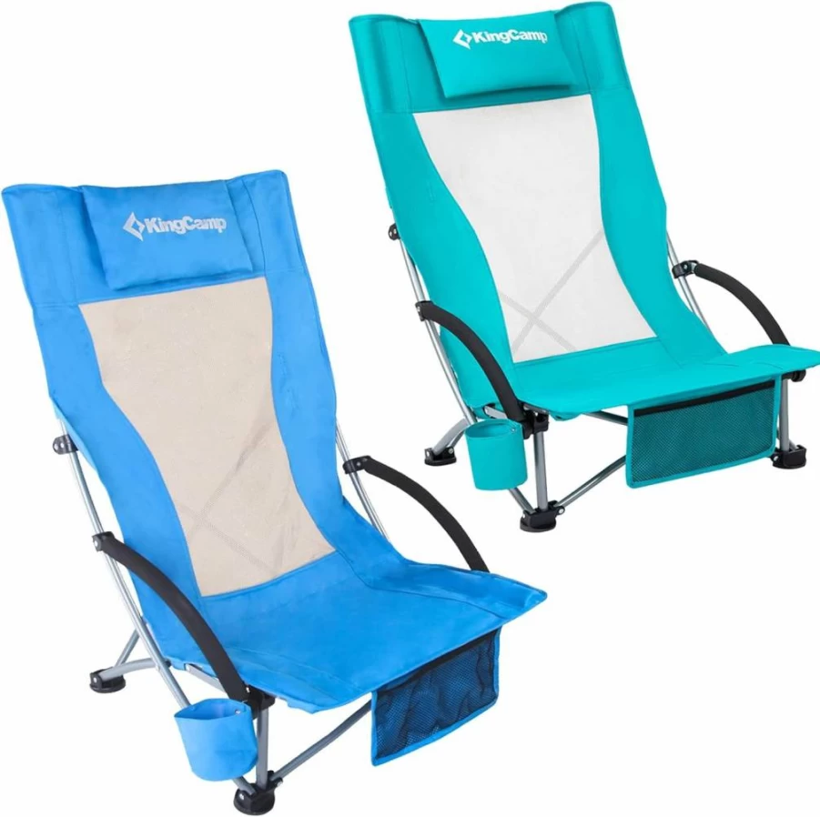 KingCamp 2-Pack High Back Folding Beach Chairs for Adults, Portable Outdoor Lounge Chairs with Lumbar Support, Heavy Duty Camping Chairs for Beach, Picnic, Backyard, Travel