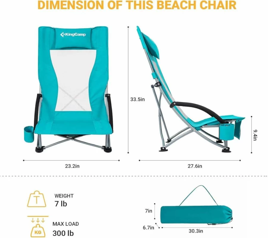 KingCamp 2-Pack High Back Folding Beach Chairs for Adults, Portable Outdoor Lounge Chairs with Lumbar Support, Heavy Duty Camping Chairs for Beach, Picnic, Backyard, Travel
