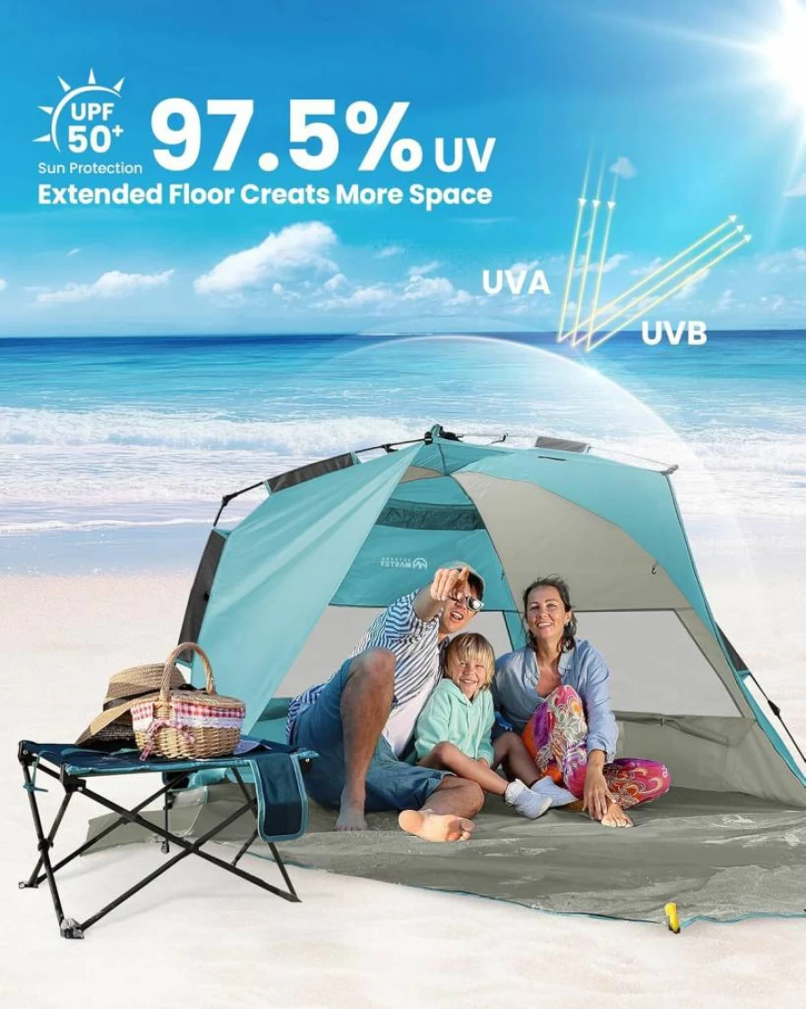 OutdoorMaster 3-4 Person Beach Tent - Portable Sun Shelter with UPF 50+ UV Protection, Easy Setup, Removable Skylight for Family Outdoor Shade