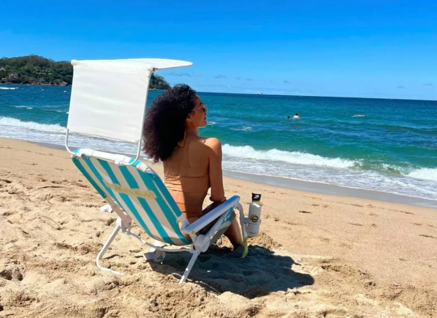SUNFLOW Premium Adjustable Beach Chair with UPF 50+ Sun Shade - Portable, Rust-Resistant, Reclining Design & Drink Holder - Deep Blue Stripe for Ultimate Comfort