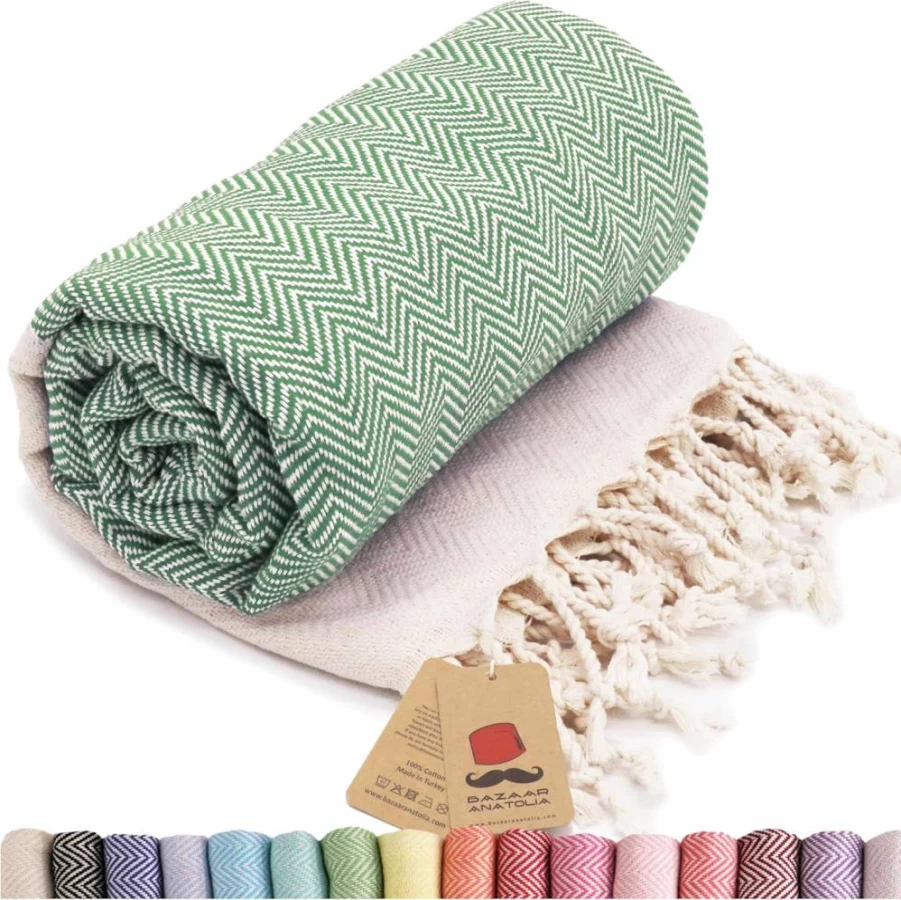 Bazaar Anatolia Turkish Cotton Beach Towel - 71x39 Inch Oversized, Quick-Dry, Sand-Free, Lightweight Bath Towel in Hot Pink Fuscia Herringbone Design
