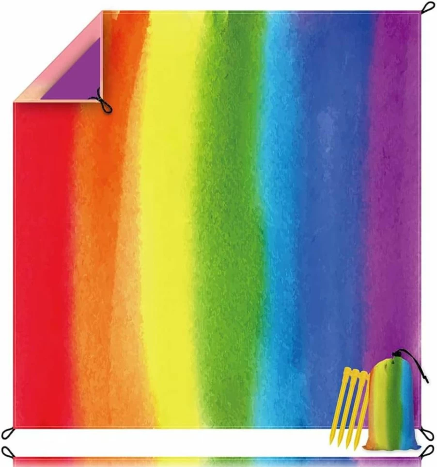 Miblor Rainbow Waterproof Beach Blanket - Sandproof, Lightweight, Portable 79" x 95" Oversized Mat with Corner Pockets for Travel, Picnic, Camping & Outdoor Activities