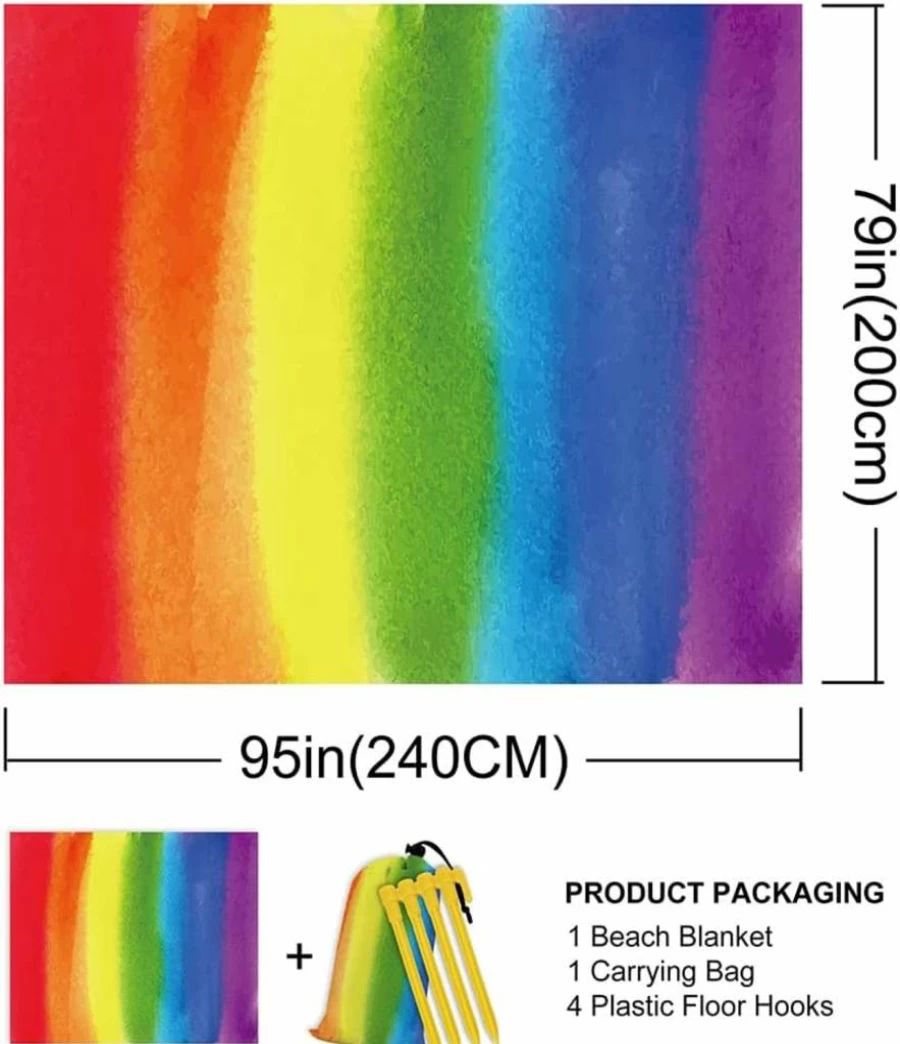 Miblor Rainbow Waterproof Beach Blanket - Sandproof, Lightweight, Portable 79" x 95" Oversized Mat with Corner Pockets for Travel, Picnic, Camping & Outdoor Activities