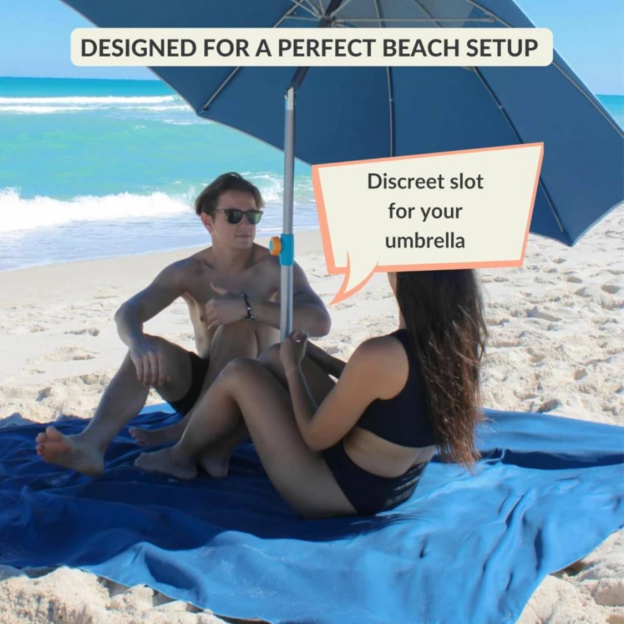 Handy Beach Goods Extra Large Sandproof & Windproof Beach Blanket - Plush Microfiber Mat for 3-6 People with Umbrella Hole, Corner Sand Pockets & Carry Bag