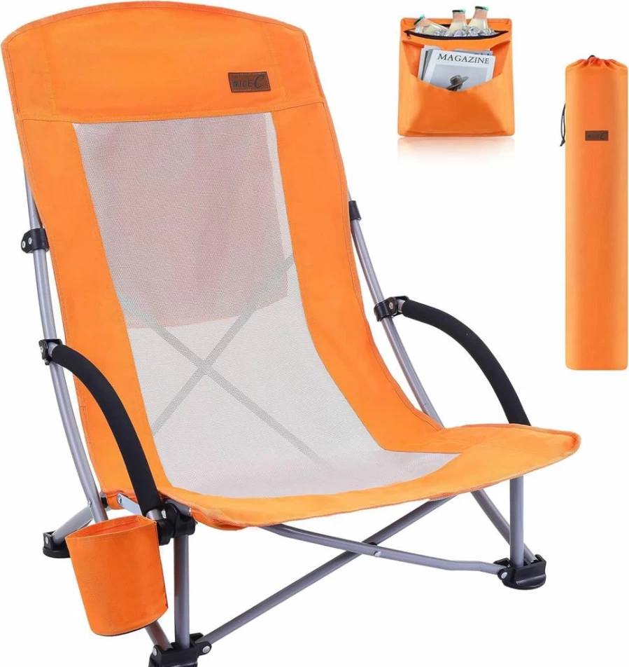 Nice C 2-Pack Heavy Duty Beach Chairs for Adults with Cooler, Cup Holder, Carry Bag - High Back Compact Design for Outdoor, Camping, BBQ, Travel, Picnic (Orange)