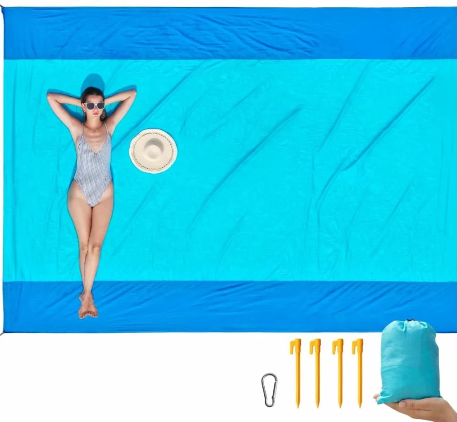 ISOPHO Extra Large Sand Proof Beach Blanket - 106x83 Inch Quick Dry, Lightweight Ripstop Nylon Picnic Mat for Outdoor, Travel, Camping & Beach (Blue)