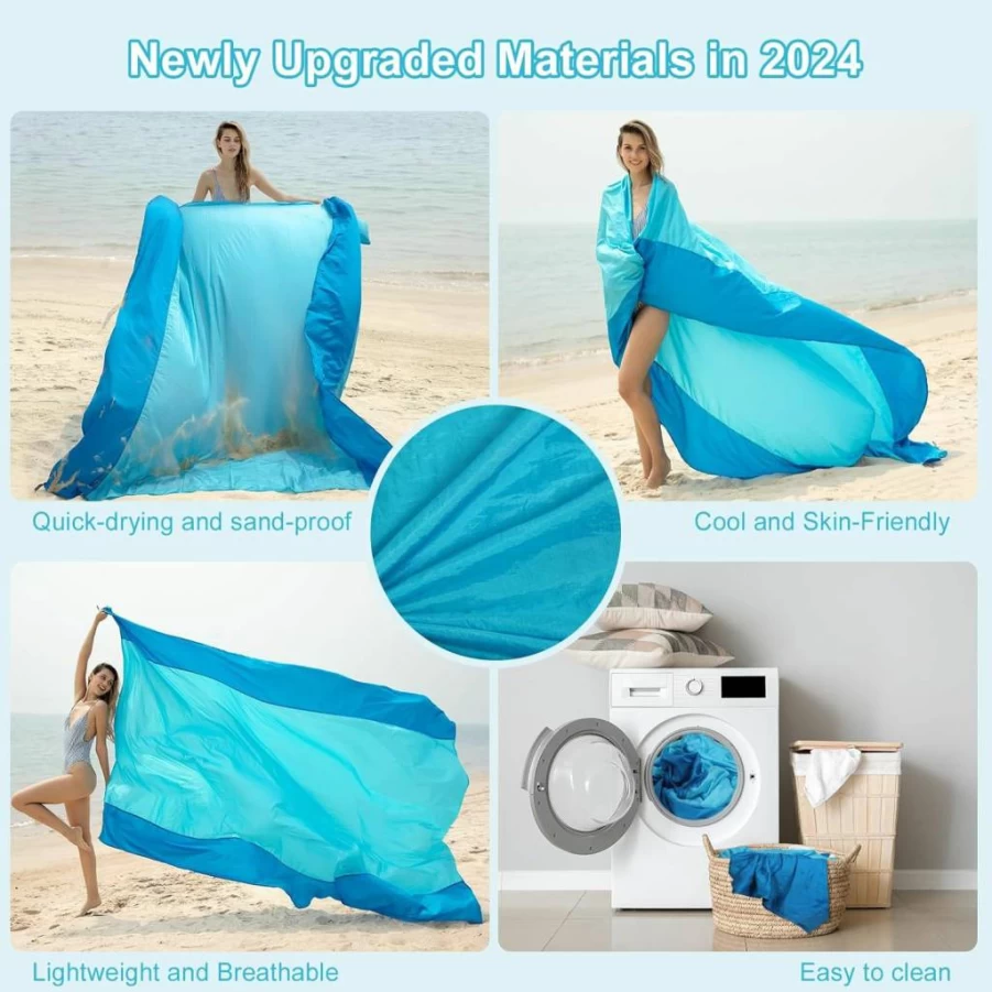 ISOPHO Extra Large Sand Proof Beach Blanket - 106x83 Inch Quick Dry, Lightweight Ripstop Nylon Picnic Mat for Outdoor, Travel, Camping & Beach (Blue)