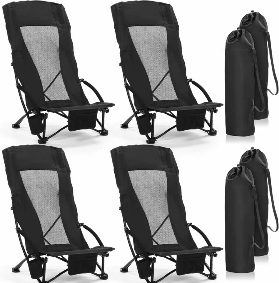 Menkxi 4 Pack High Back Folding Beach Chairs for Adults - Portable Lightweight Camping Chairs with Cup Holder & Carry Bag for Outdoor, Concert, and Beach Use