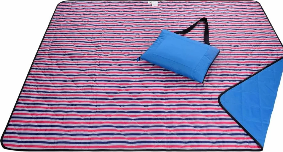 Roebury Sand Proof Beach Blanket - Water Resistant, Foldable Picnic Mat for Outdoor Camping, Travel & Park with Compact Carry Bag, Green Blue Plaid Design