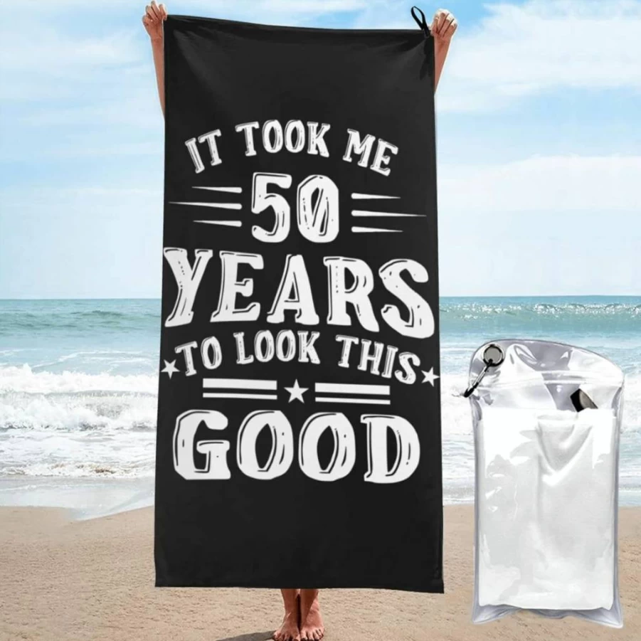 DARLEKS 50th Birthday Beach Towel - Oversized 31.5x63 Inch Microfiber Sand-Free Blanket with Pocket, Lightweight Quick-Dry Towel for Adults