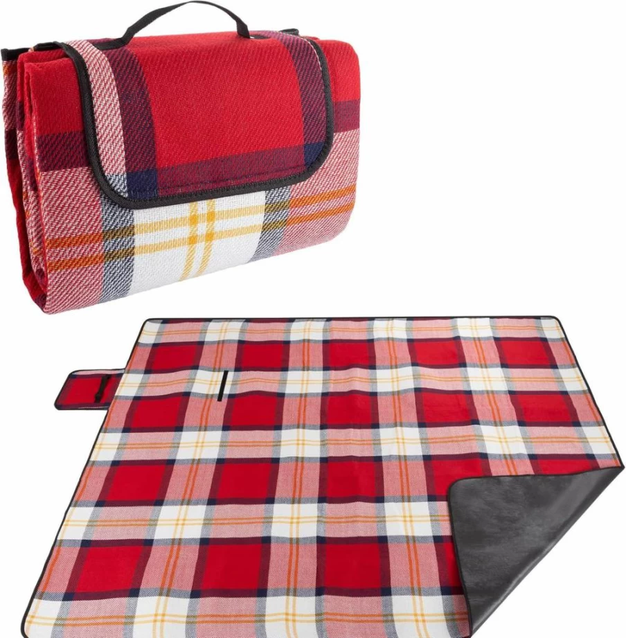 Wakeman Waterproof Picnic Blanket - Portable Foldable Outdoor Mat For Beach, Camping, Travel, And Festivals (Red Plaid, Foam Padding)