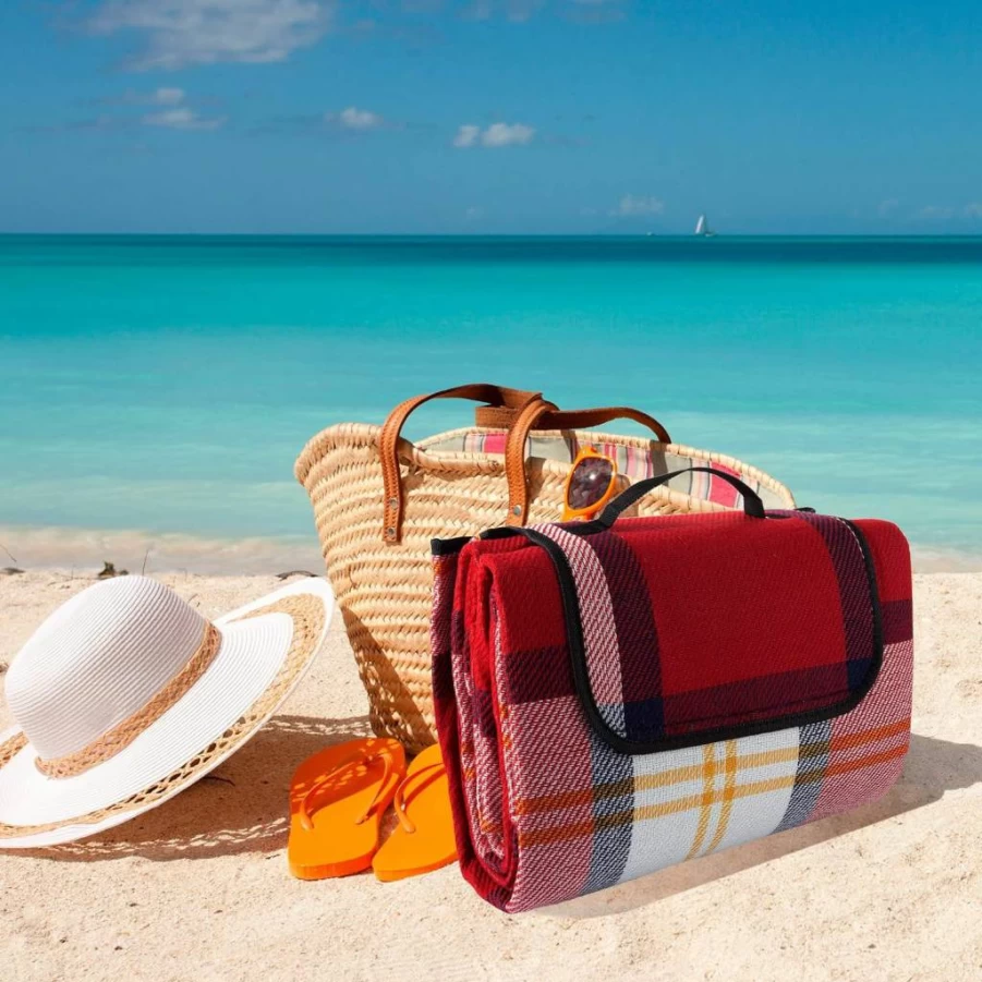 Wakeman Waterproof Picnic Blanket - Portable Foldable Outdoor Mat For Beach, Camping, Travel, And Festivals (Red Plaid, Foam Padding)