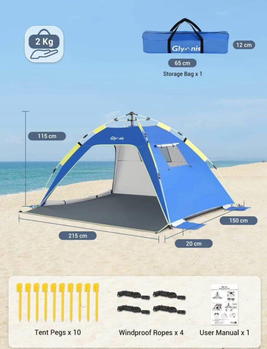 Glymnis 3-4 Person Pop Up Beach Tent with UPF 50+ Sun Protection, Lightweight Instant Shelter, Vent Windows & Zippered Door, Portable Family Sun Shade for Outdoor Activities