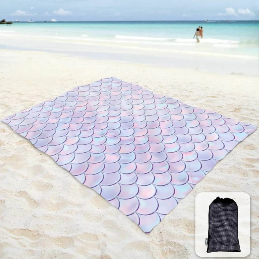Sunlit Silky Soft Sand Proof Beach Blanket - 106"X81" or 85"X72" Large Portable Mat with Corner Pockets & Carry Bag for Outdoor, Camping, Travel, Festivals - Purple Mermaid Scale Design