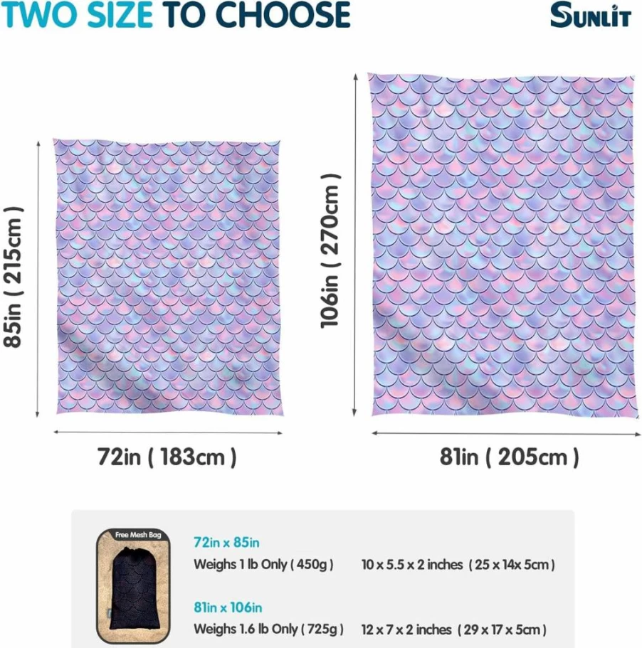 Sunlit Silky Soft Sand Proof Beach Blanket - 106"X81" or 85"X72" Large Portable Mat with Corner Pockets & Carry Bag for Outdoor, Camping, Travel, Festivals - Purple Mermaid Scale Design