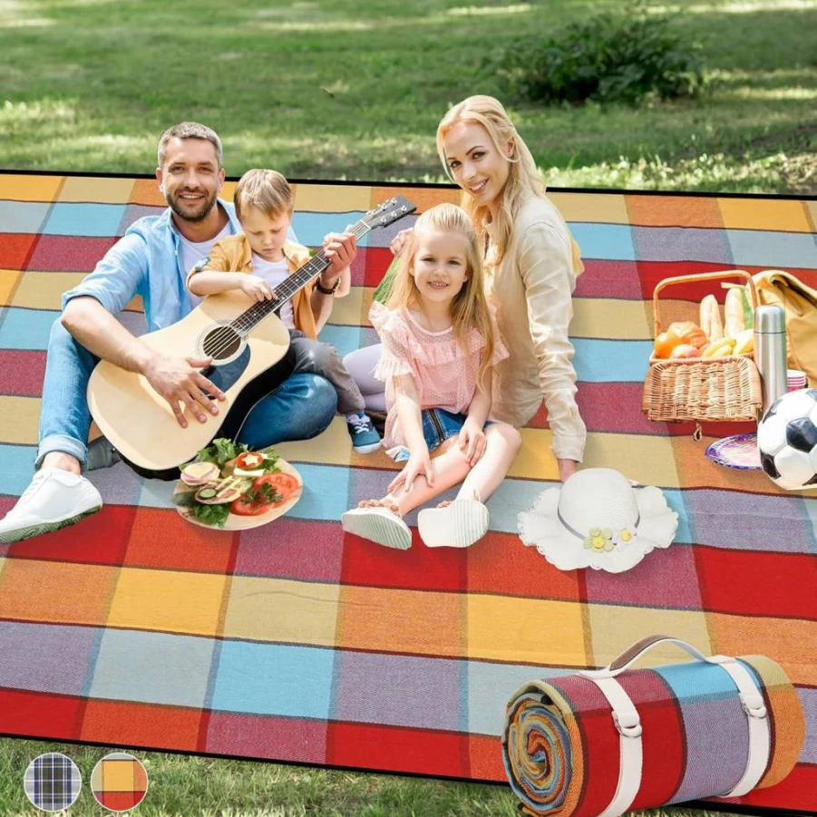 G GOOD GAIN Waterproof Picnic Blanket - 60"x60" Portable Outdoor Camping Mat, Sand-Free 3-Layer Beach Blanket for Grass, Hiking, Travel, Concerts (Blue Check Pattern)