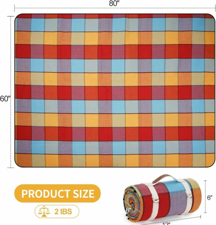 G GOOD GAIN Waterproof Picnic Blanket - 60"x60" Portable Outdoor Camping Mat, Sand-Free 3-Layer Beach Blanket for Grass, Hiking, Travel, Concerts (Blue Check Pattern)