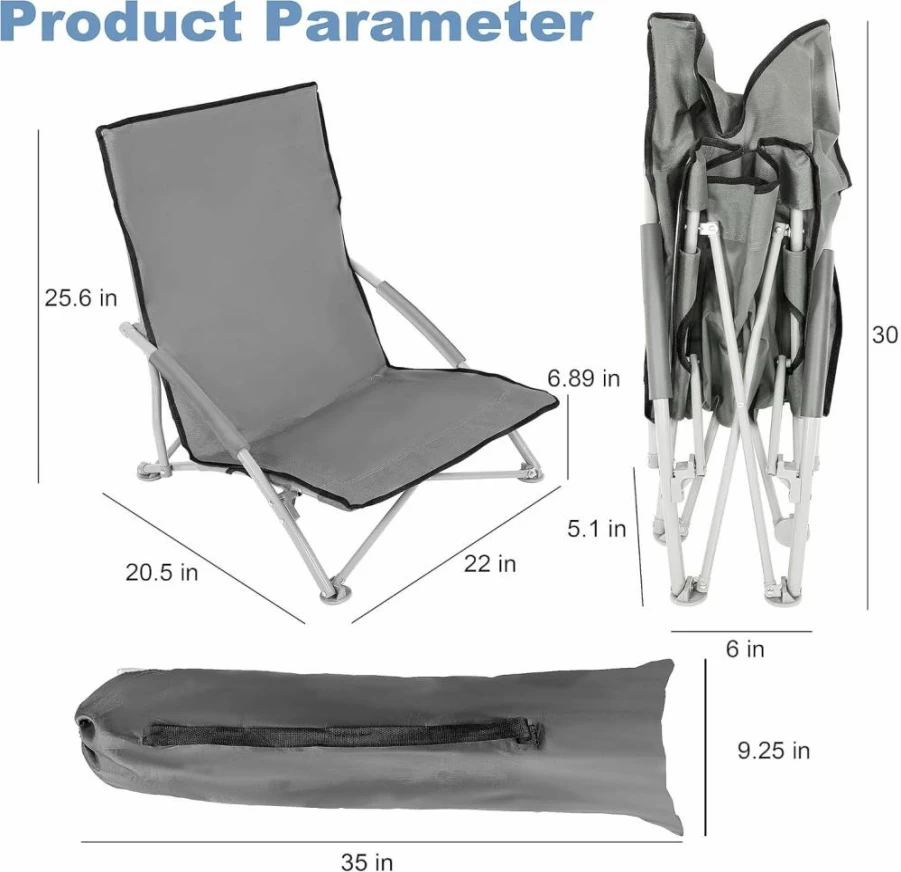 YSSOA Lightweight Portable Folding Chair for Adults - Grey Low Profile Beach Camping Chair with Carry Bag, Perfect for Outdoor Travel, Picnic, BBQ (1-Pack)