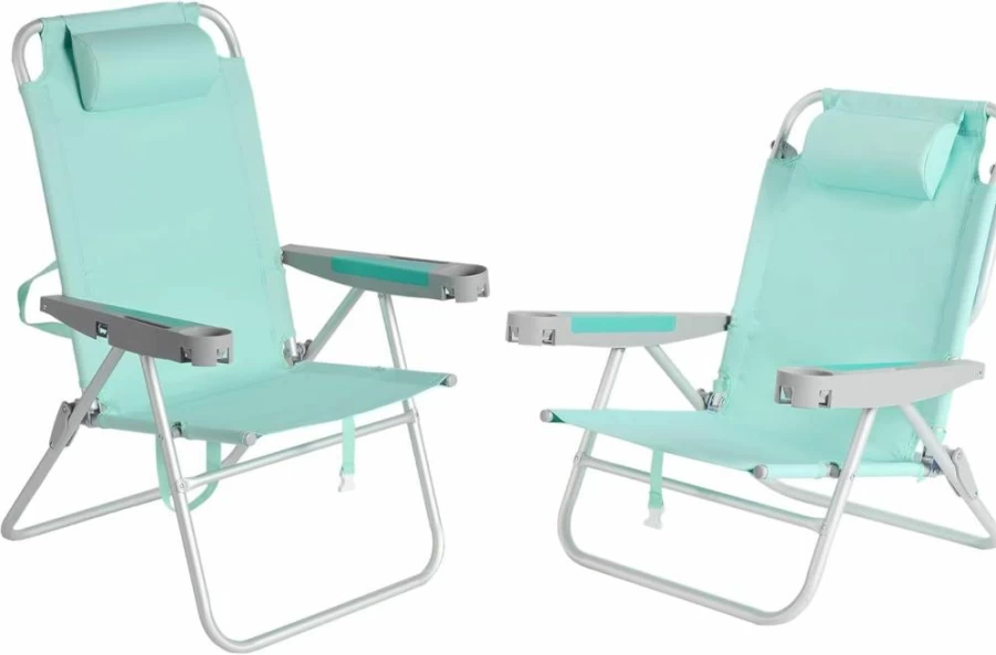 SUNNYFEEL 28-Inch Extra Wide Folding Beach Chair - 5-Position Reclining, Lightweight Portable Camping Chair with Cup Holder for Outdoor, Lawn, Travel & Picnic - Durable Foldable Sand Chairs for Adults