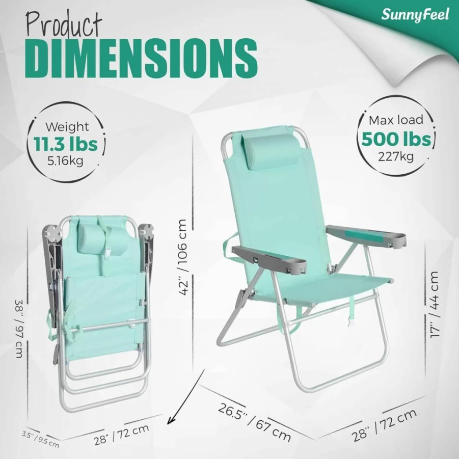 SUNNYFEEL 28-Inch Extra Wide Folding Beach Chair - 5-Position Reclining, Lightweight Portable Camping Chair with Cup Holder for Outdoor, Lawn, Travel & Picnic - Durable Foldable Sand Chairs for Adults