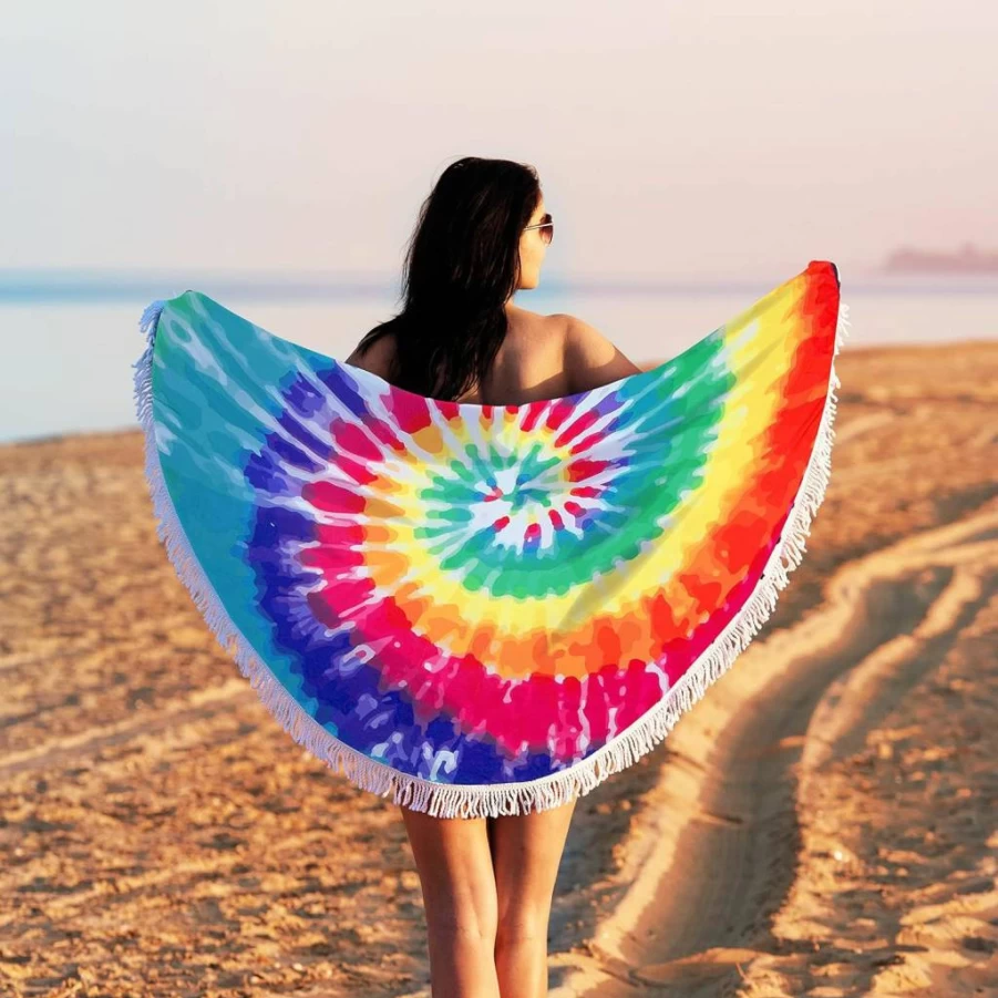 Violet Mist Oversized Round Beach Towel - Quick Dry, Sand Free, Boho Design, 60" Microfiber Yoga Mat & Tropical Meditation Rug, Fringe Tapestry, Hawaiian Blanket