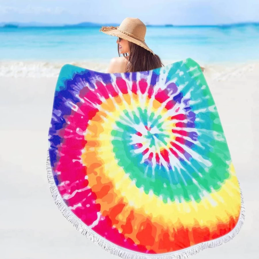 Violet Mist Oversized Round Beach Towel - Quick Dry, Sand Free, Boho Design, 60" Microfiber Yoga Mat & Tropical Meditation Rug, Fringe Tapestry, Hawaiian Blanket
